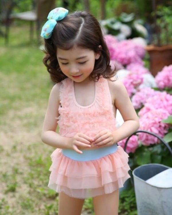 Ruffled girls one-piece swimsuit, toddler, pool party, cute and playful