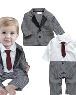 Handsome infant tuxedo tie romper onesie with matching waistcoat 2-piece suit, stylish for weddings or gifting