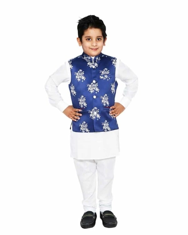 Baby boy white kurta pajama with stylish blue printed jacket, elegant for weddings