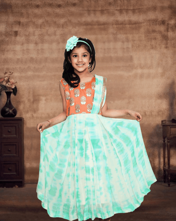 Half saree style gown for baby girl, stylish indo western outfit for wedding