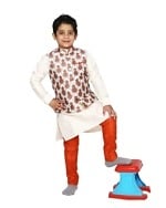 Cream designer kurta with jacket and pant cut pajama for kids, stylish and festive