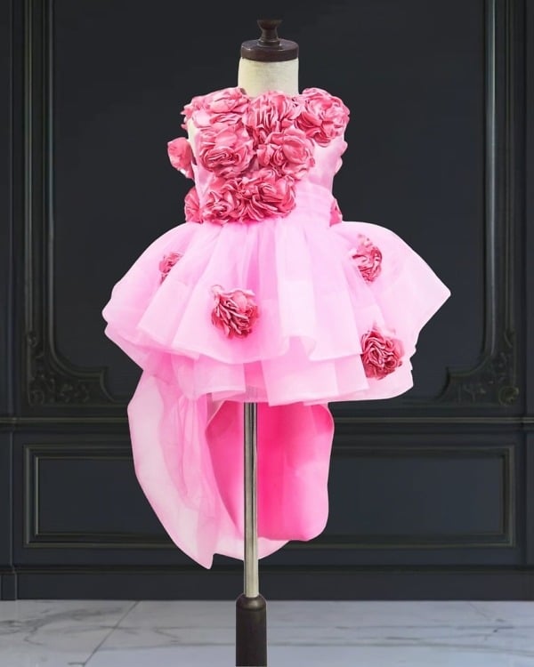 Baby girl pink high low dress floral design stylish birthday occasion wear