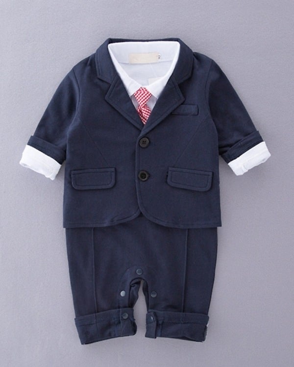 Boy first birthday party romper dress with blue blazer, cute and stylish for celebrations