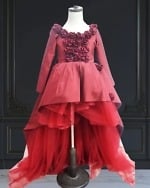 Baby girl maroon high low dress floral design stylish wedding occasion wear