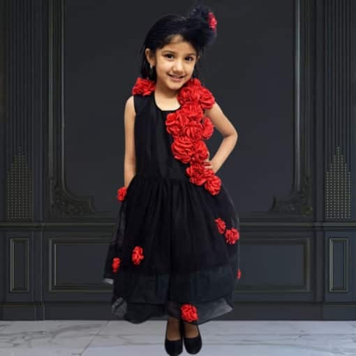 Black High Low Designer Flower Girl Dress | Kids Long Trail Birthday Dress