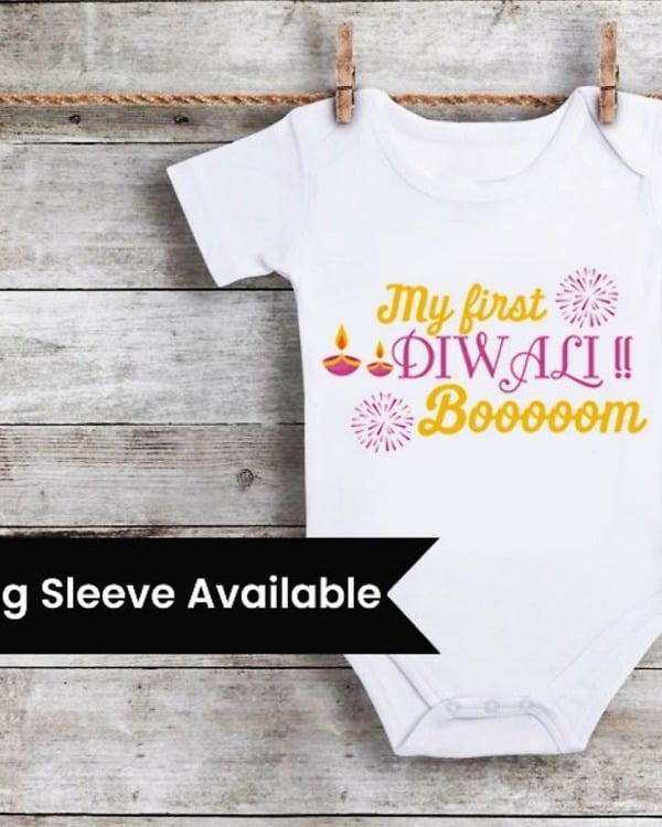 Baby first Diwali onesie white festive firecracker print comfortable celebration outfit