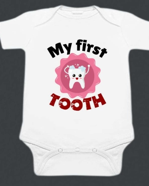 Custom My First Tooth print baby romper, infant, milestone or gift, cute and comfy
