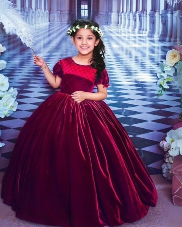 Elegant burgundy velvet gown, baby girl festive party dress, stylish and cute