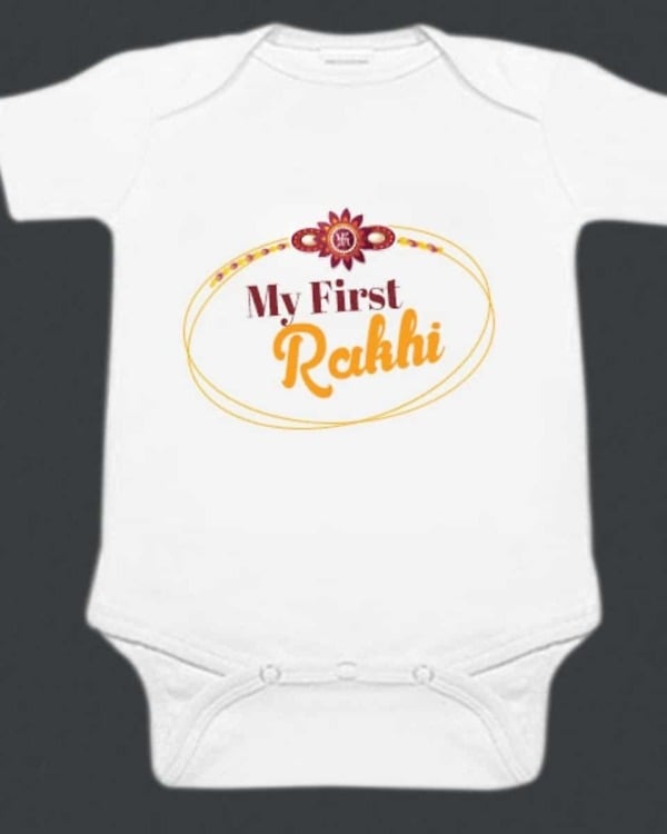 Baby first Rakhi onesie white festive print cute comfortable sibling celebration outfit