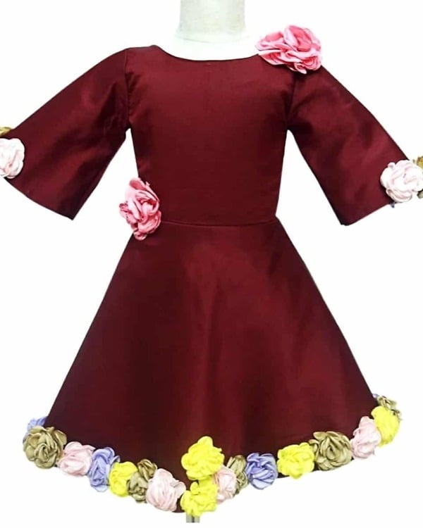 Maroon silk baby girl frock, elegant festive party wear