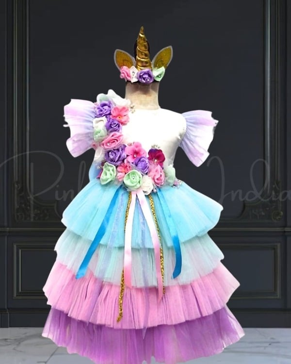 Rainbow unicorn birthday dress-up costume for girls, cute party outfit