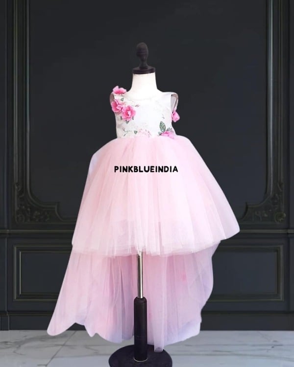 Pink high-low tulle girl party dress, festive and elegant birthday wear