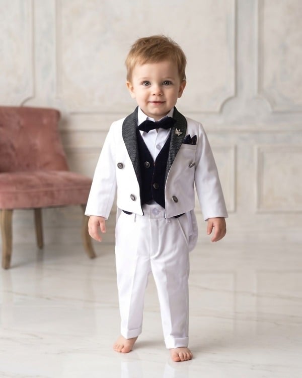 Baby boy black white tailcoat 5 piece suit for wedding stylish royal kids ceremony outfit