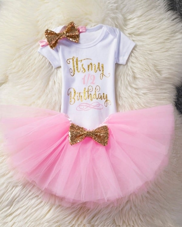 Half-birthday outfit for girls, pink stylish frock, cute milestone wear