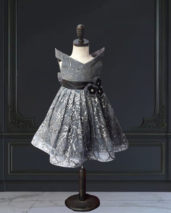 Silver grey flower girl dress, girls party outfit, elegant and festive