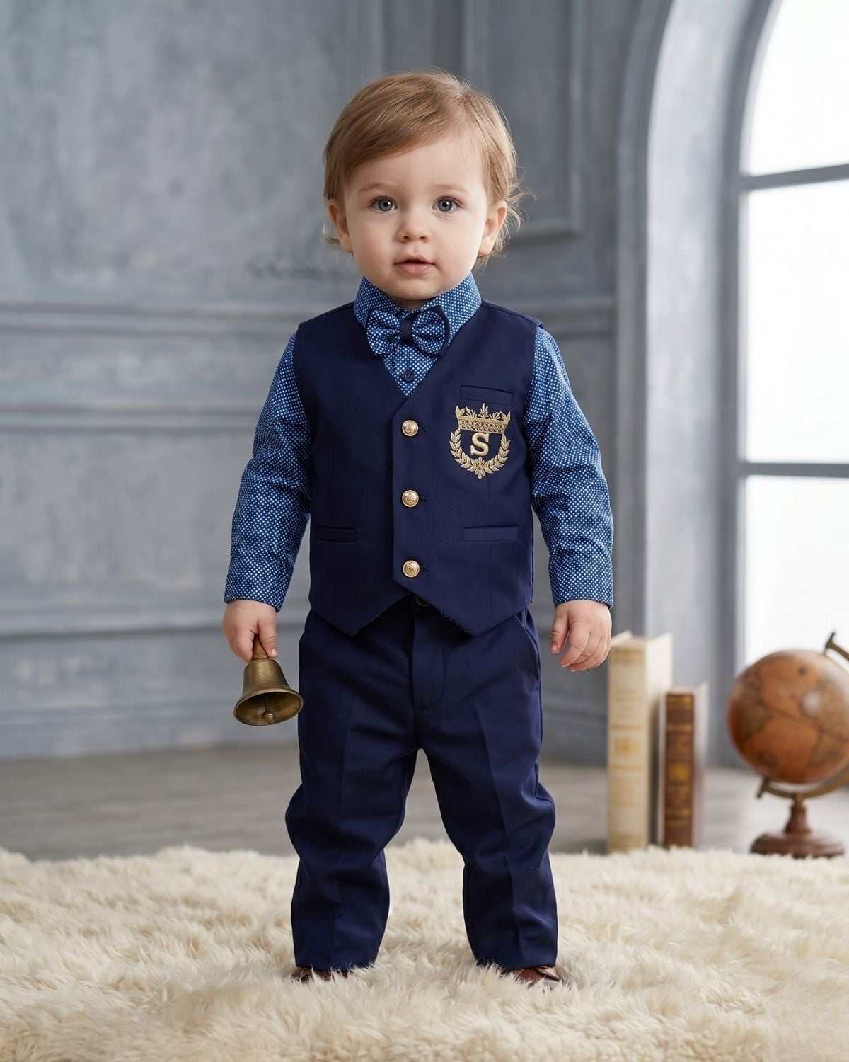 Baby boy navy blue waistcoat trouser shirt 3 piece set for wedding cute formal kids party wear