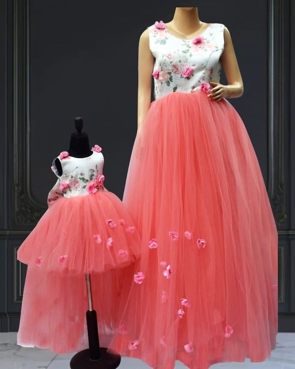 Mom daughter matching gown for family stylish birthday celebration wear
