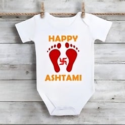 Baby First Ashtami Onesie Navratri Baby Outfit Cotton White Pink Blue India front view