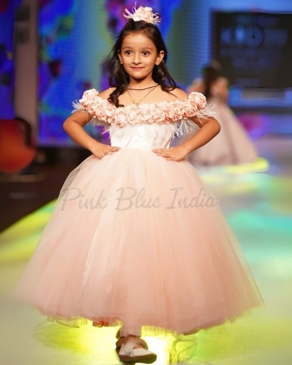 Beautiful peach gown for kids perfect for flower girl look wedding ceremony and party wear