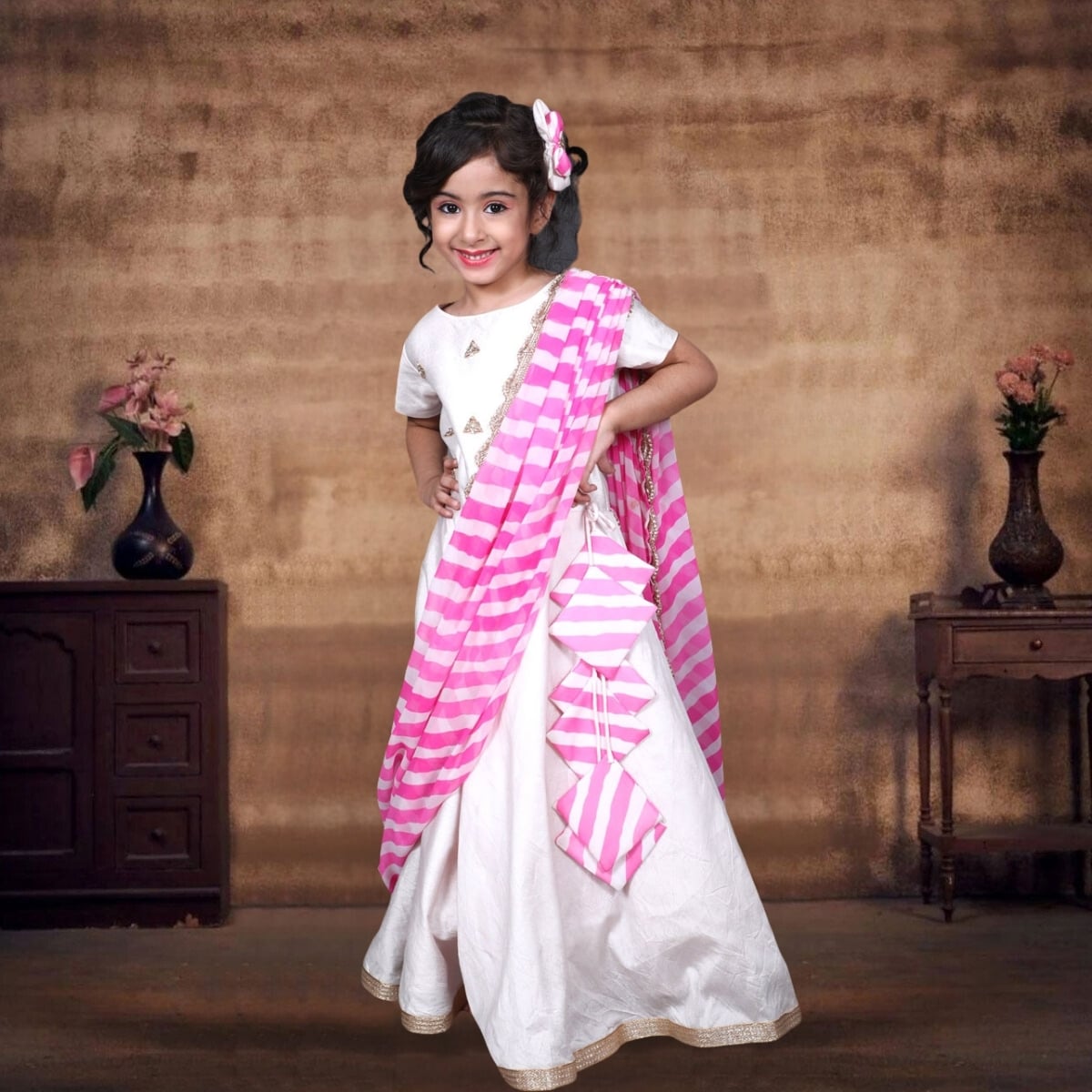 Buy Baby Girl Pink Ethnic Gown with Jaipur Leheriya Dupatta