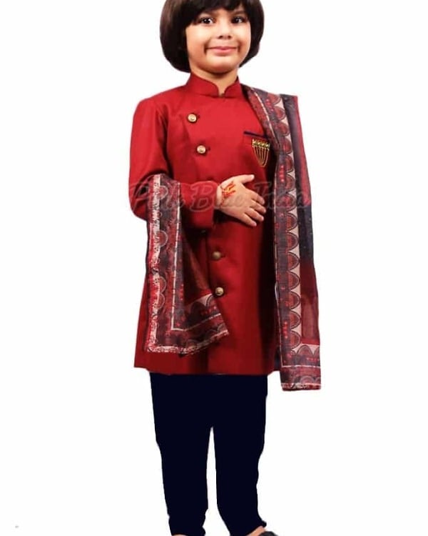 Designer royal maroon sherwani for baby boys, festive & cute