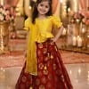 Baby girl red yellow silk half saree pattu pavadai for birthday festival traditional South Indian wear