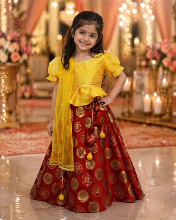 Baby girl red yellow silk half saree pattu pavadai for birthday festival traditional South Indian wear