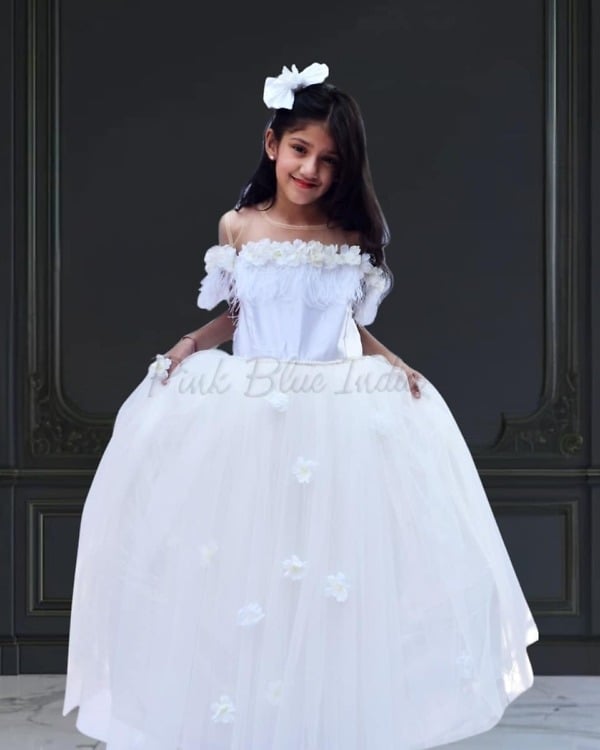 White designer party gown for girls, stylish birthday outfit
