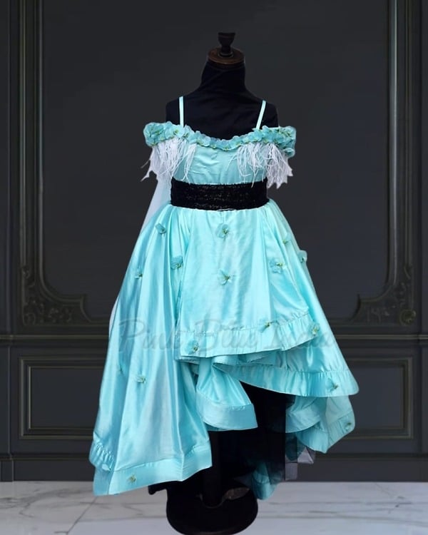 Blue off-shoulder high-low birthday dress for baby girl, cute party gown