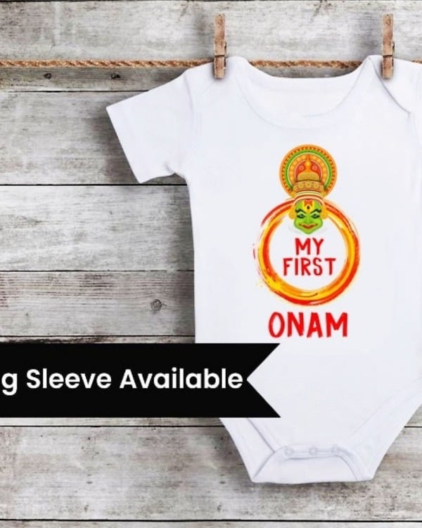 Onam-themed onesie for babies, cute festive outfit, gift-ready