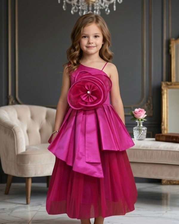 Magenta girls dress frock, ethnic party wear outfit for kids, festive birthday dress