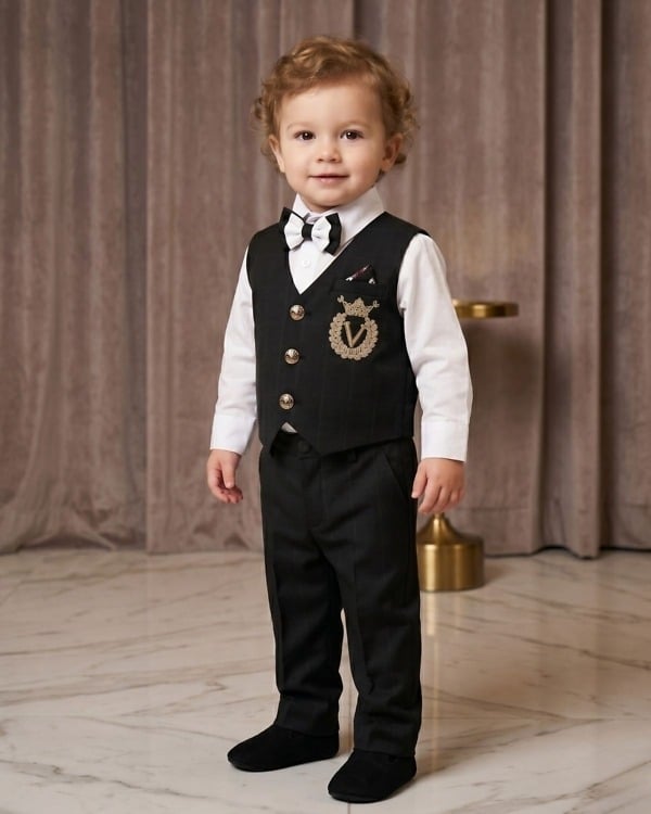 Toddler boy black waistcoat suit with white shirt for first birthday party formal kids gift
