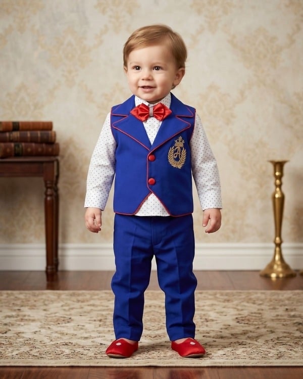 Toddler boy royal blue 3 piece waistcoat suit with red bow tie for birthday party formal wear