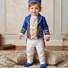 Baby boy royal blue prince blazer with white pants and cap for first birthday royal photoshoot
