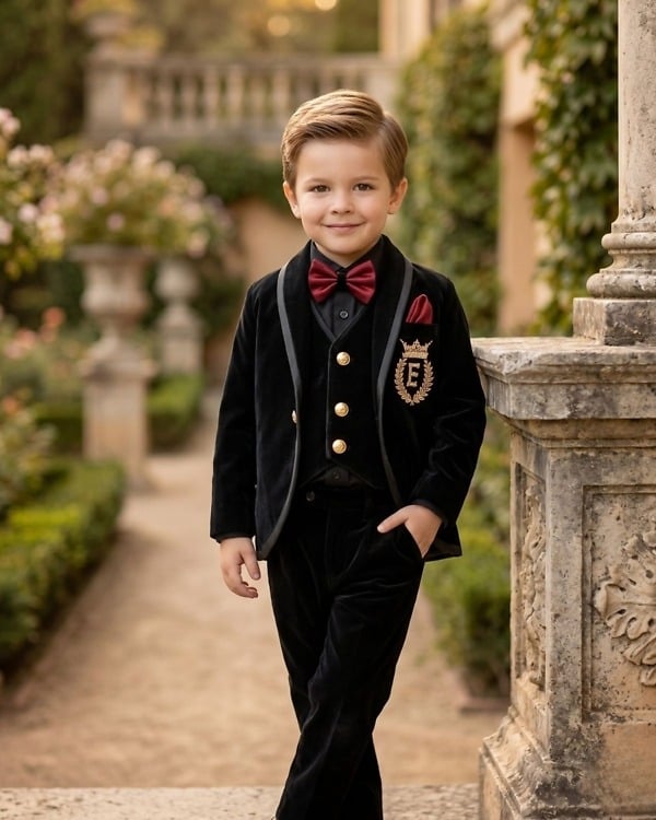 Boys Black Velvet Tuxedo Suit | Tuxedo 5 Piece Party Wear