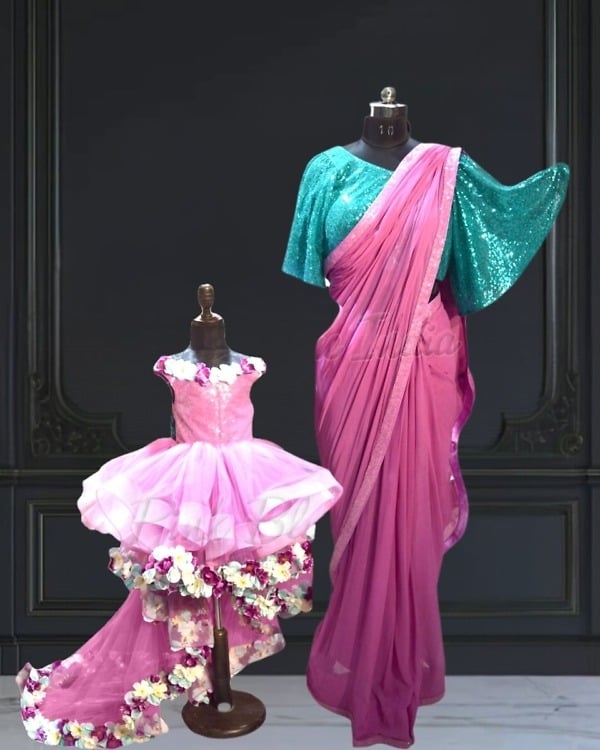 Mother daughter matching dress in couture style, elegant outfit for family occasions