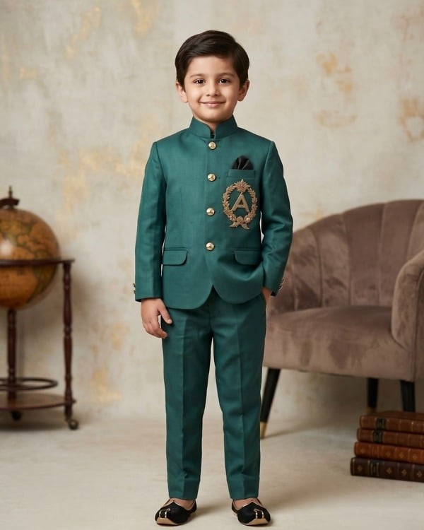 Kids boy forest green royal Indian jodhpuri suit with embroidered emblem for wedding ethnic family