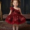 Red sequin girls dress frock, birthday party gown for kids, stylish festive wear outfit