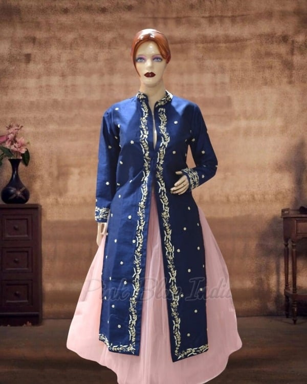 Blue skirt with long jacket for women, stylish ethnic wear for weddings