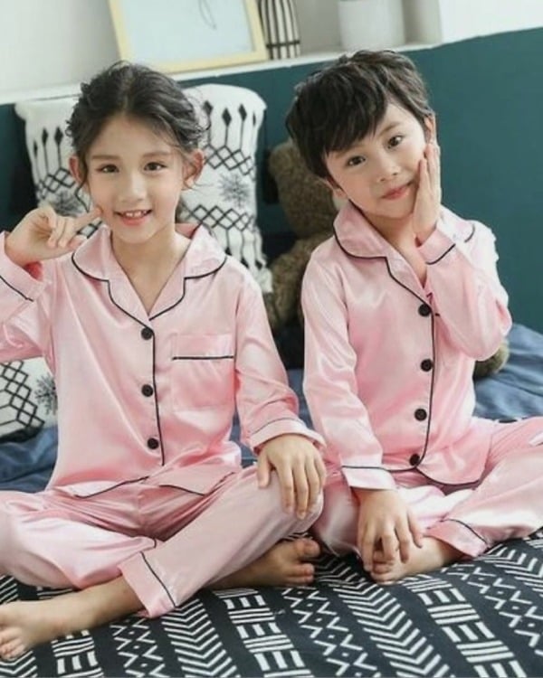 Pink satin night suit for kids, cute party or festive wear