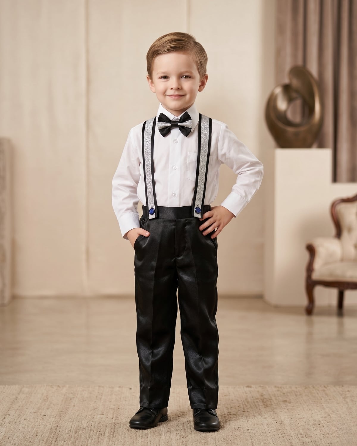 Baby boy black and white suspenders with shirt and bow tie, a dapper birthday party set with timeless charm