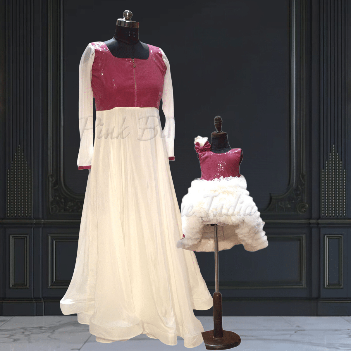 Cute Chinnon Mother Daughter Matching White Dress