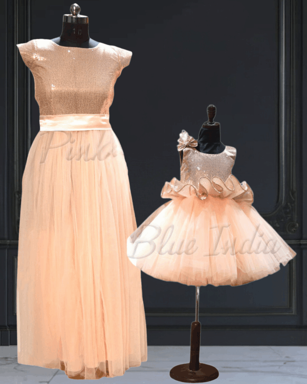 Mother daughter elegant evening gown matching set by Pink Blue India