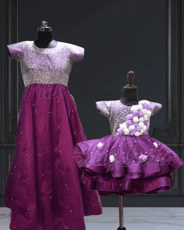 Mother daughter premium handwork matching dress set by Pink Blue India