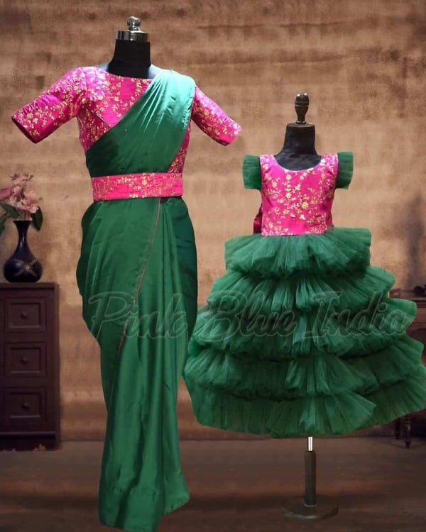 Mother daughter coordinated gown set family festive party wear elegant outfit