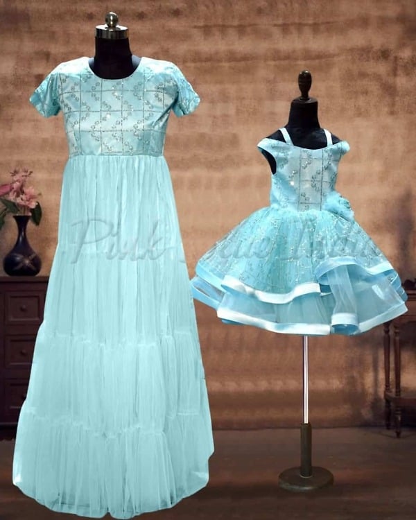 Mother daughter tiered gown combo matching festive party wear stylish outfit