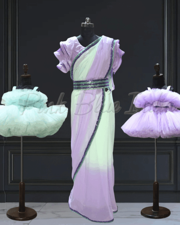 Mother daughter wedding saree gown matching outfit set by Pink Blue India