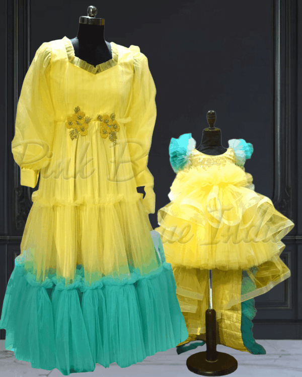Mother daughter coordinated yellow gown stylish combo by Pink Blue India