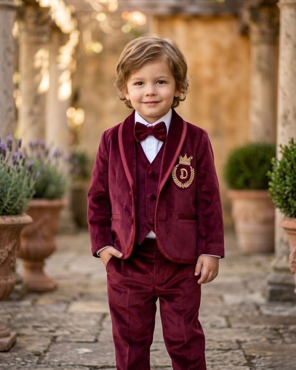 Baby boy maroon velvet 5 piece coat suit personalized name for wedding birthday party gift