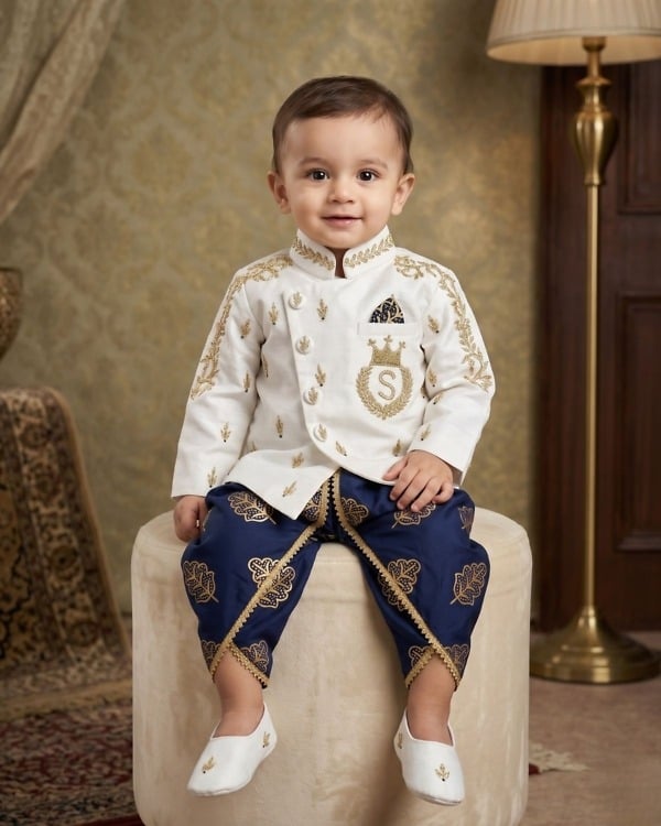 Baby boy white printed sherwani blue jodhpuri set, royal wedding ethnic wear for kids